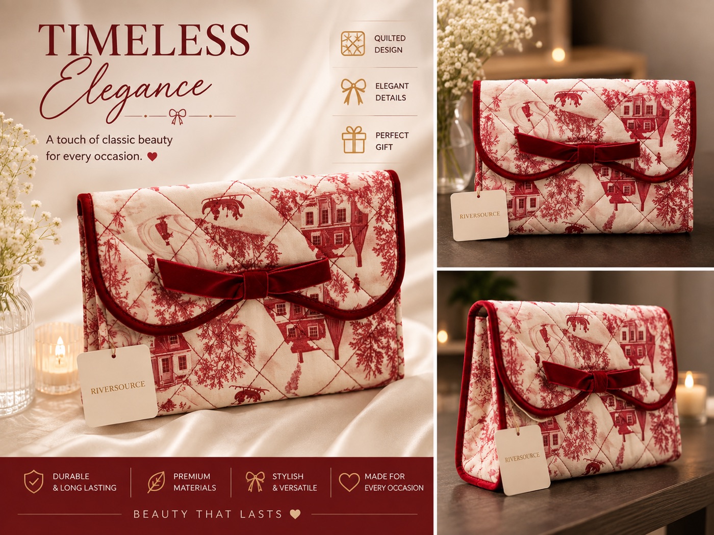 Quilted cream and red toile fabric clutch-style pouch with a velvet bow closure and RiverSource gift tag.
