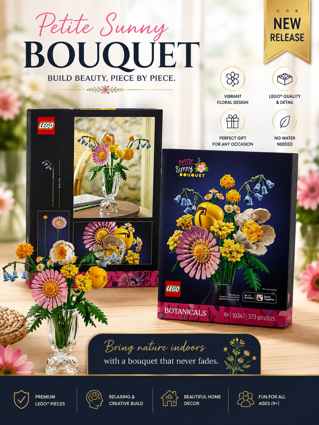LEGO Botanicals Petite Sunny Bouquet set box beside the built flower bouquet in a clear vase.