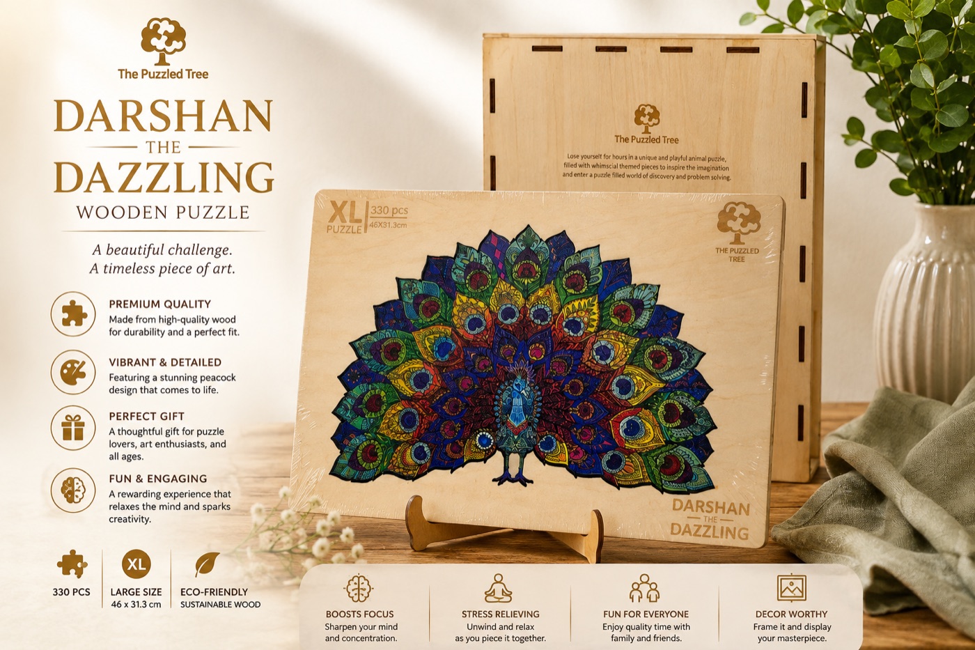 Darshan the Dazzling XL wooden puzzle showing a colorful peacock design, 330 pieces, on a display stand.