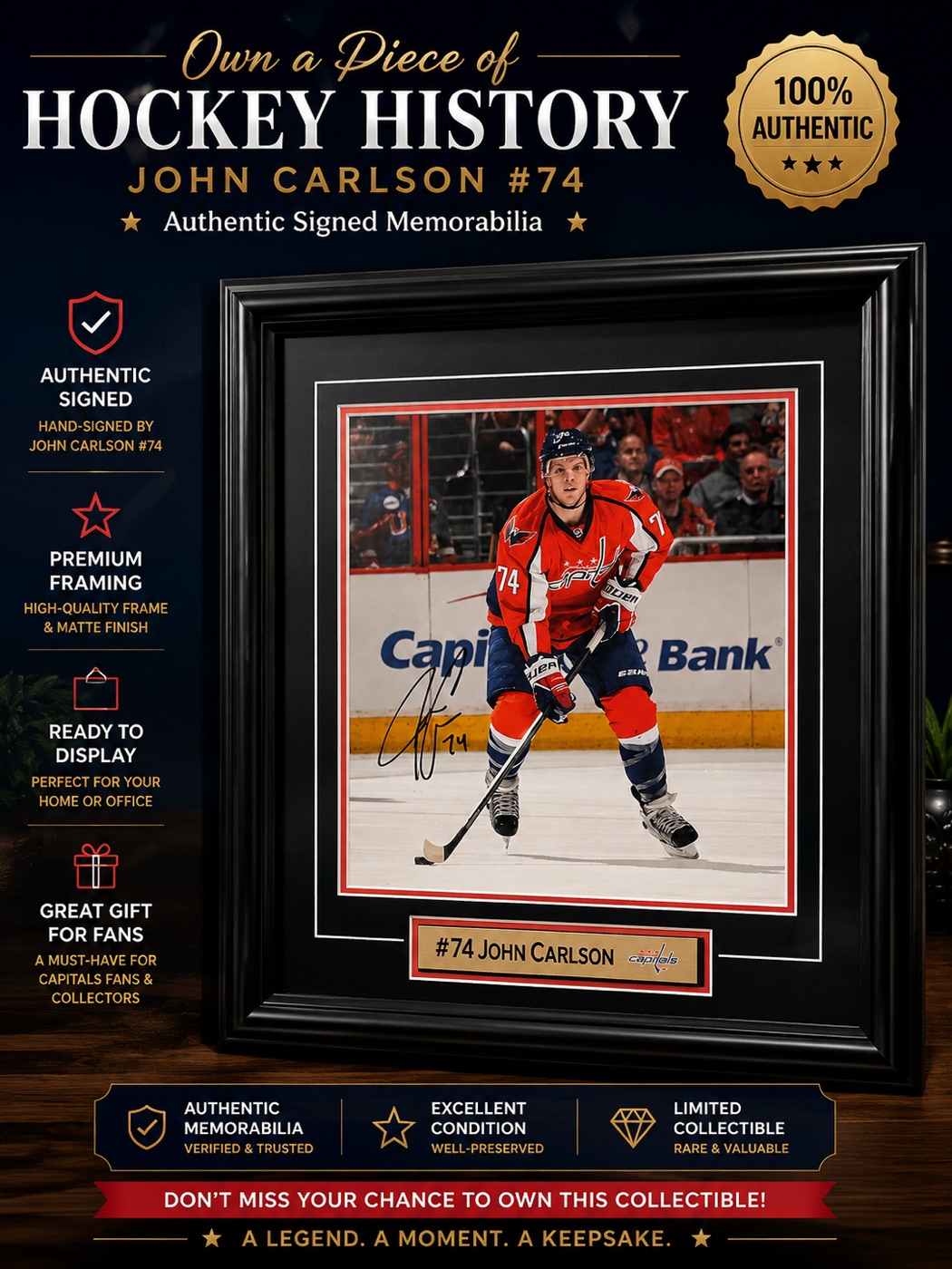 Framed and autographed photo of Washington Capitals player John Carlson, number 74, on the ice.