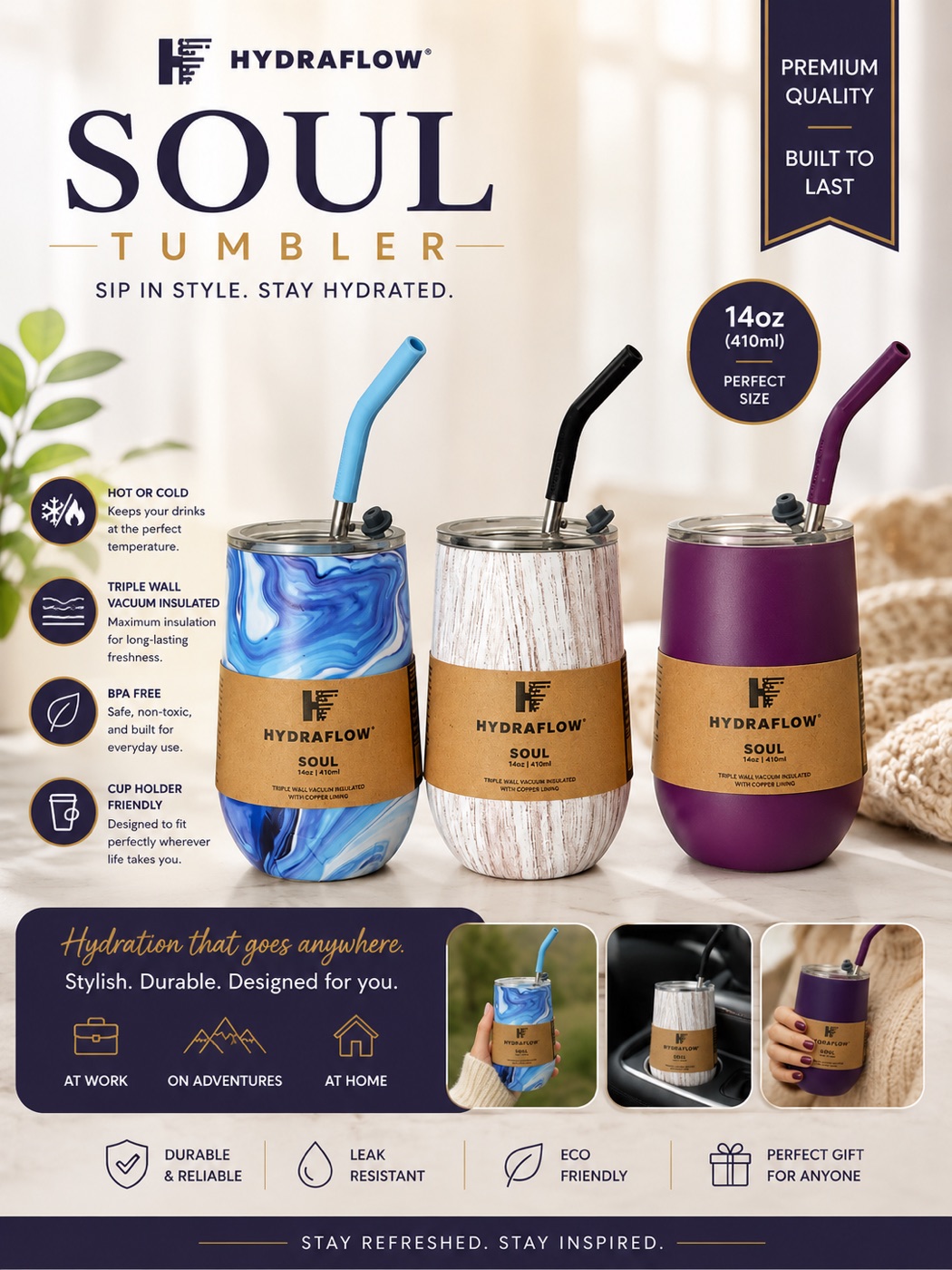 Three Hydraflow Soul insulated tumblers with straws, in blue marble, wood-grain, and purple finishes.