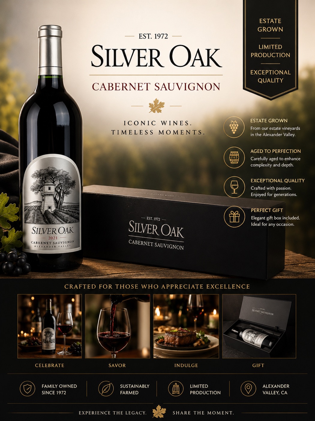 Bottle of Silver Oak 2021 Cabernet Sauvignon from Alexander Valley beside its black gift box.