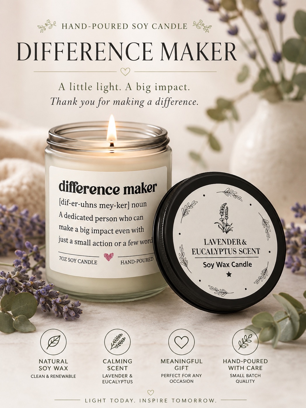 Lit soy candle labeled Lavender and Eucalyptus Scent beside its round metal lid.