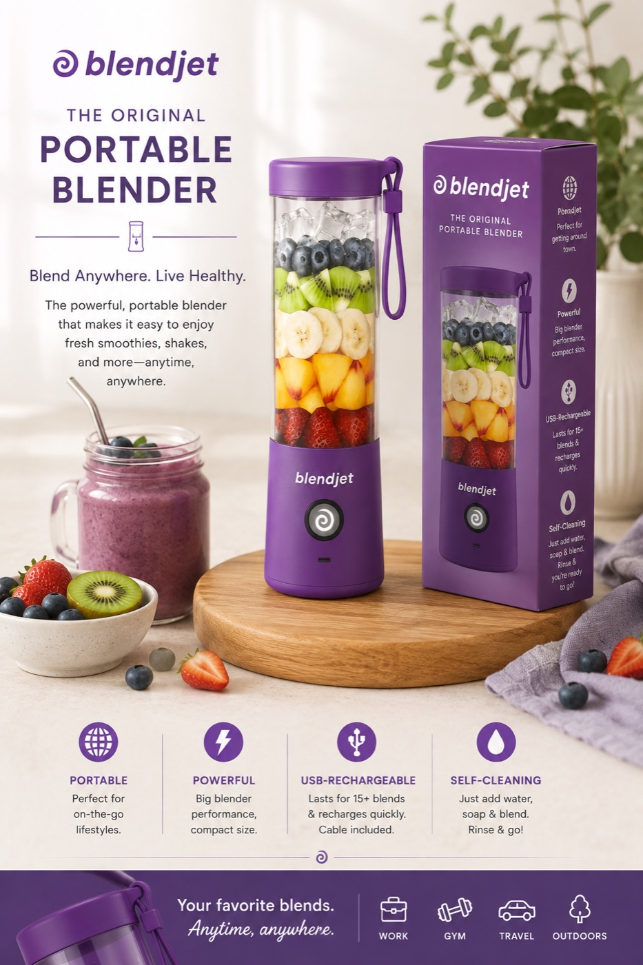 Purple BlendJet portable blender filled with fruit beside its retail box and a smoothie.