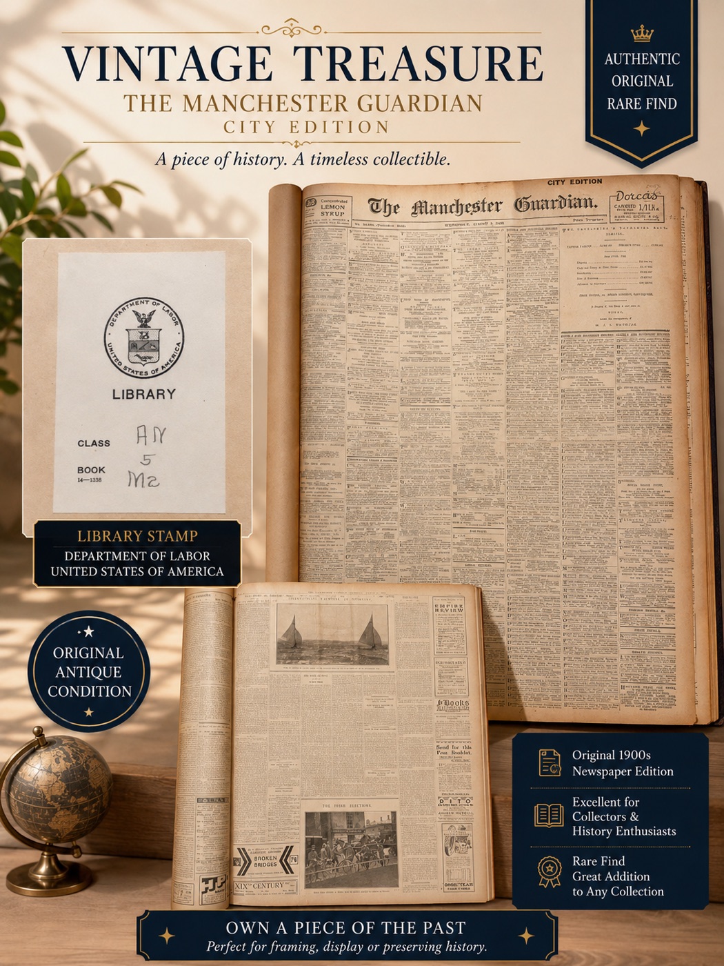 Bound antique volume of The Manchester Guardian newspaper, open to a dense text page, with a library stamp.