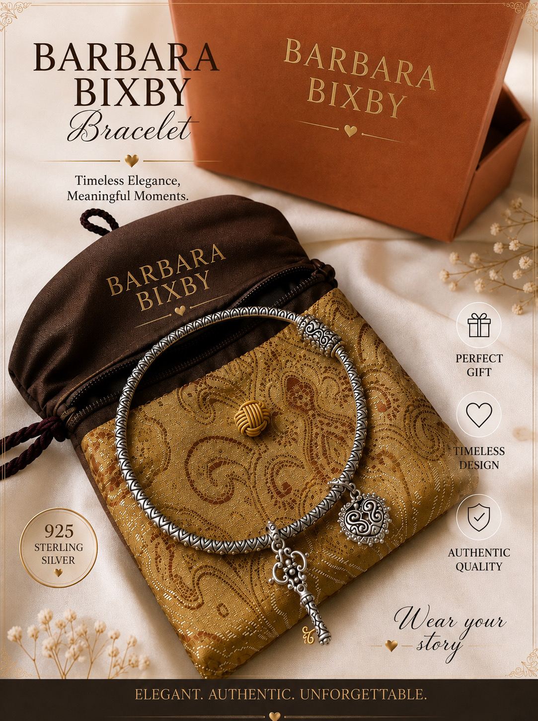 Barbara Bixby sterling silver bangle bracelet with a heart charm and key pendant, shown with its gift box and pouch.