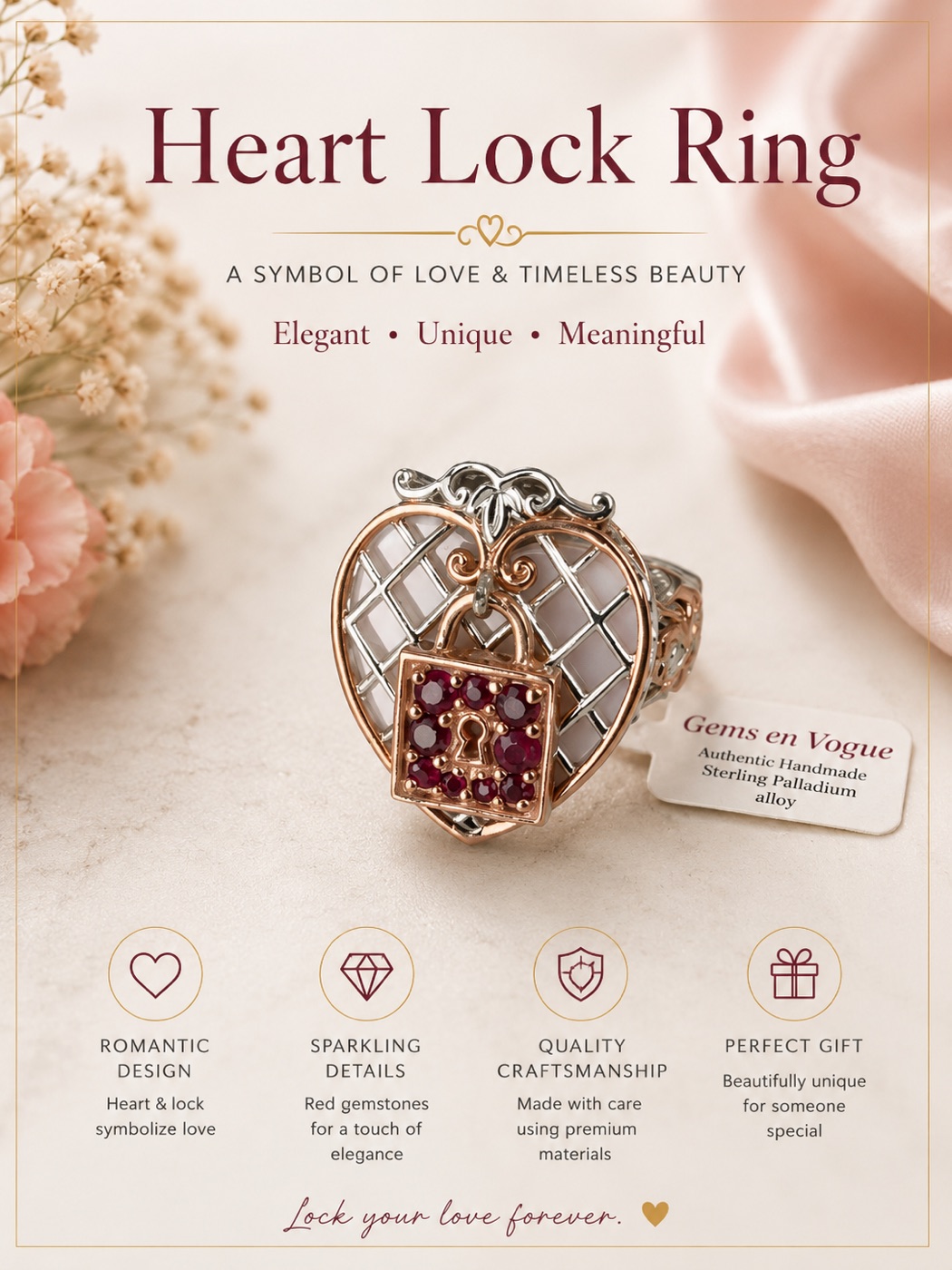 Silver and rose gold ring with a heart-shaped cage and a red gemstone padlock charm.