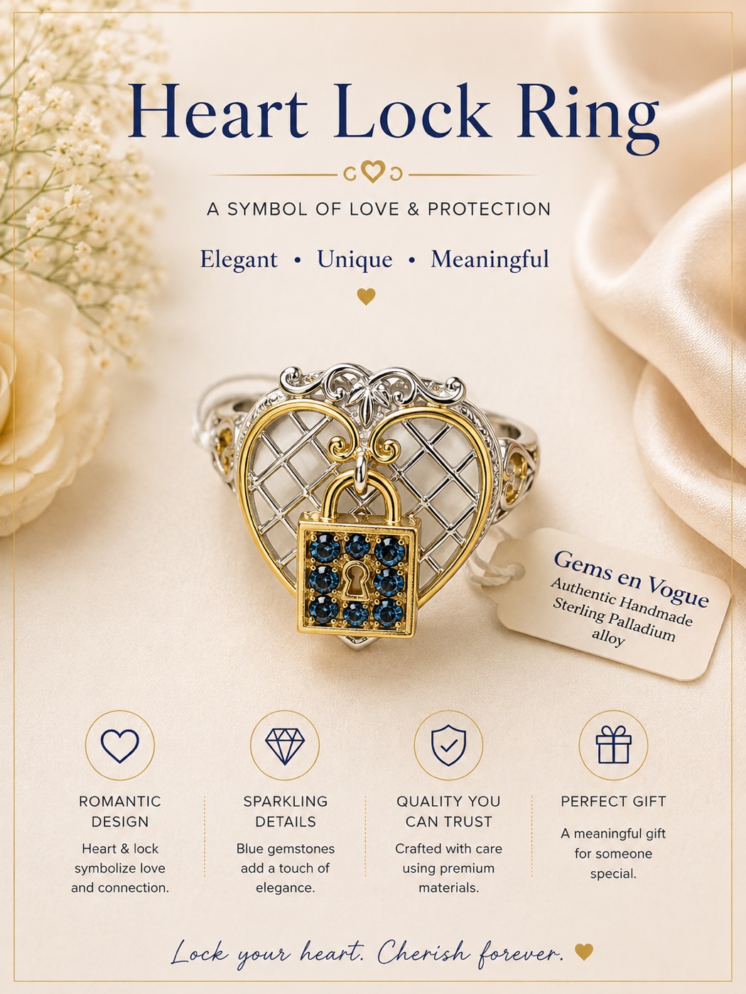 Silver and gold ring with a heart-shaped cage and a blue gemstone padlock charm.