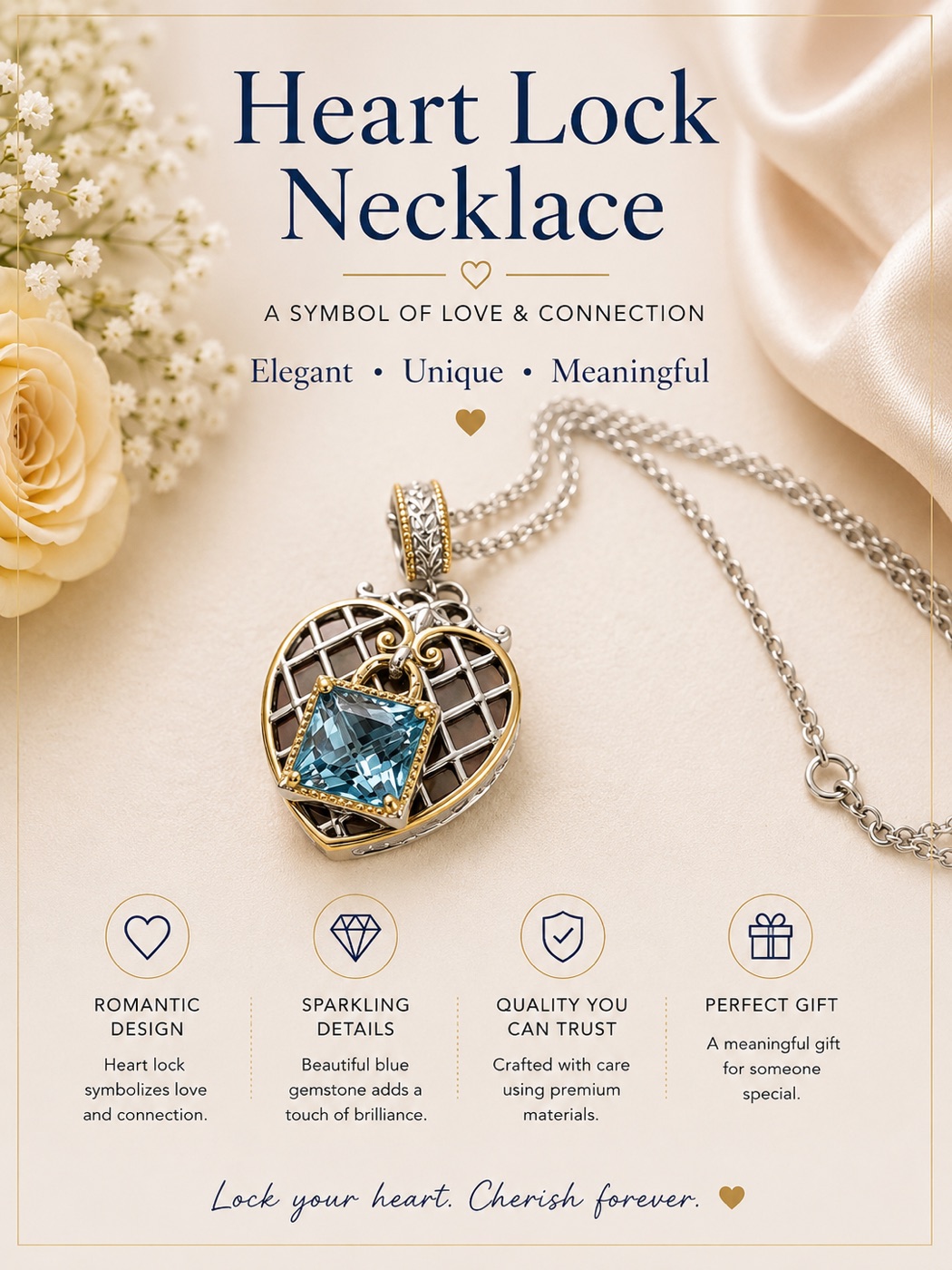 Silver and gold heart-shaped locket pendant with a blue gemstone, on a chain necklace.