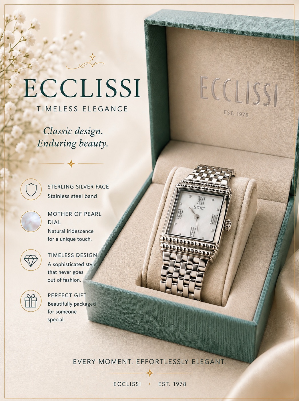 Ecclissi sterling silver watch with a rectangular mother of pearl dial and a stainless steel band, shown in its gift box.