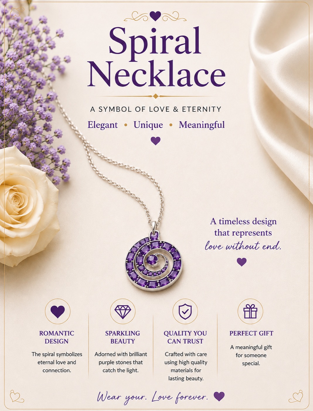 Silver spiral pendant necklace set with purple gemstones, on a delicate chain.