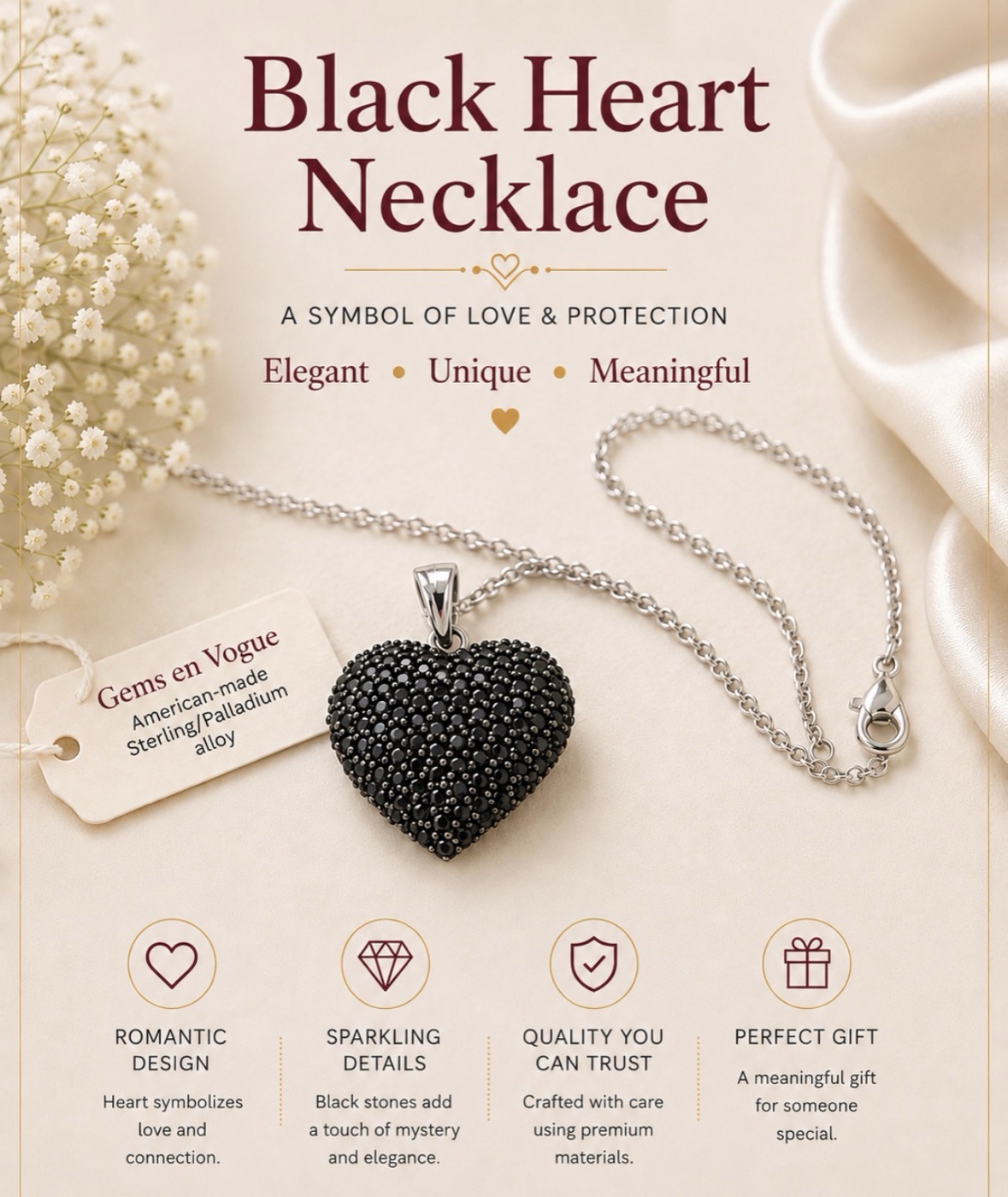 Gems en Vogue silver heart pendant necklace pave-set with black stones, on a chain.
