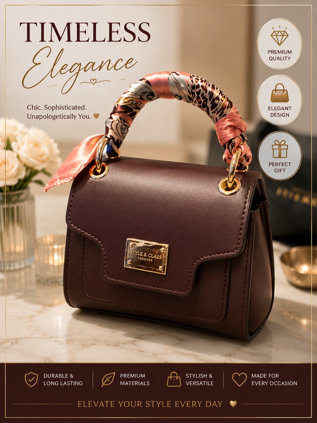 Burgundy leather top-handle handbag with gold hardware and a printed silk scarf tied to the handle.