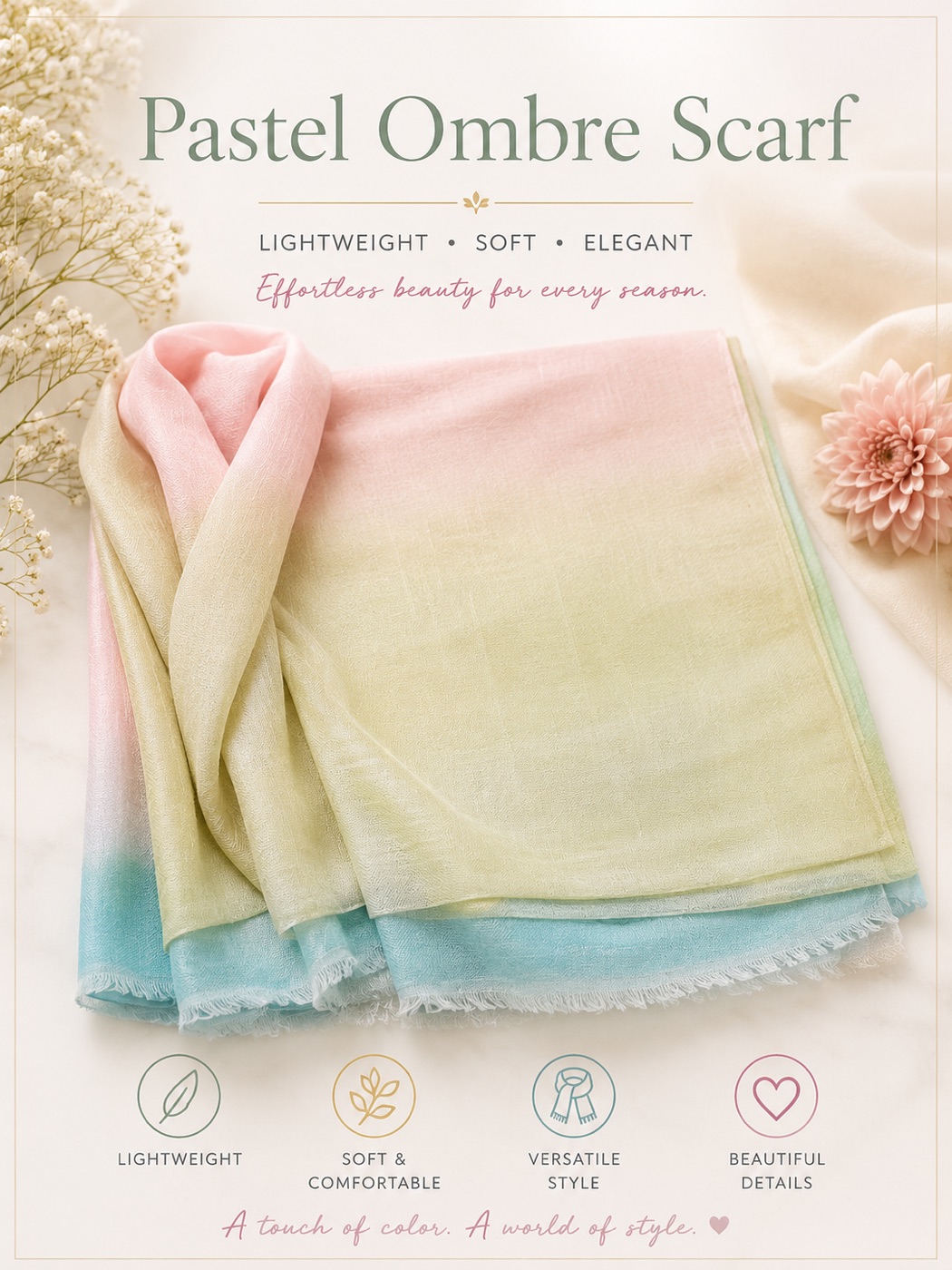 Lightweight scarf in a pink, yellow, and blue pastel ombre gradient, folded and draped.