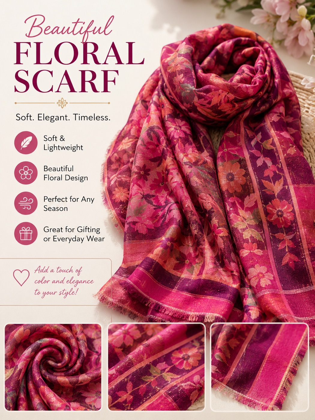 Fuchsia and purple floral scarf loosely draped and knotted, with a striped woven border.