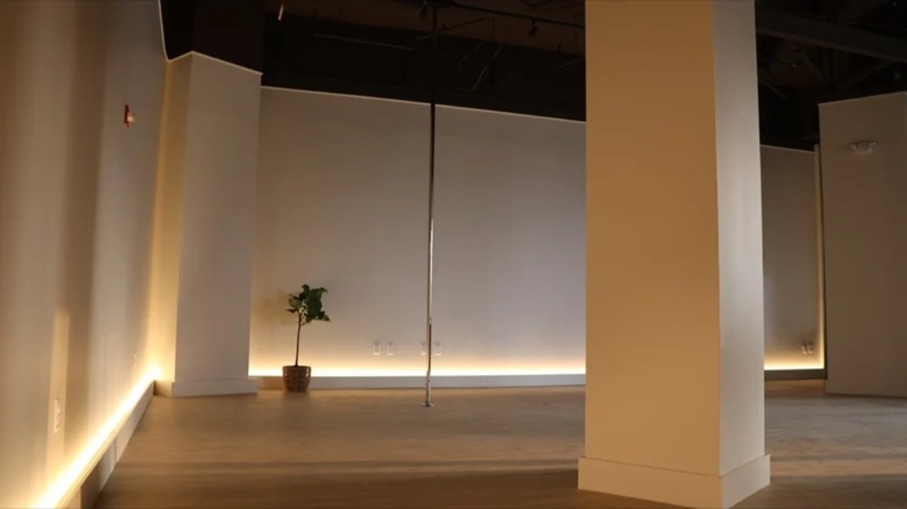 A softly lit movement studio with wood floors, warm cove lighting, a floor-to-ceiling dance pole, and a potted plant against a white wall.